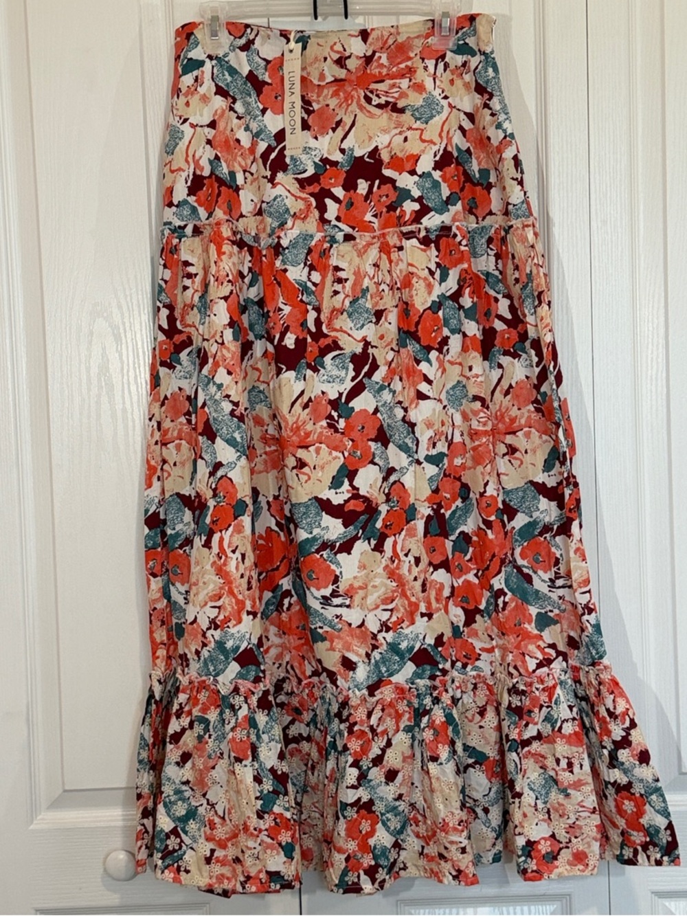 Luna Moon Coral Floral Ruffle Midi Skirt